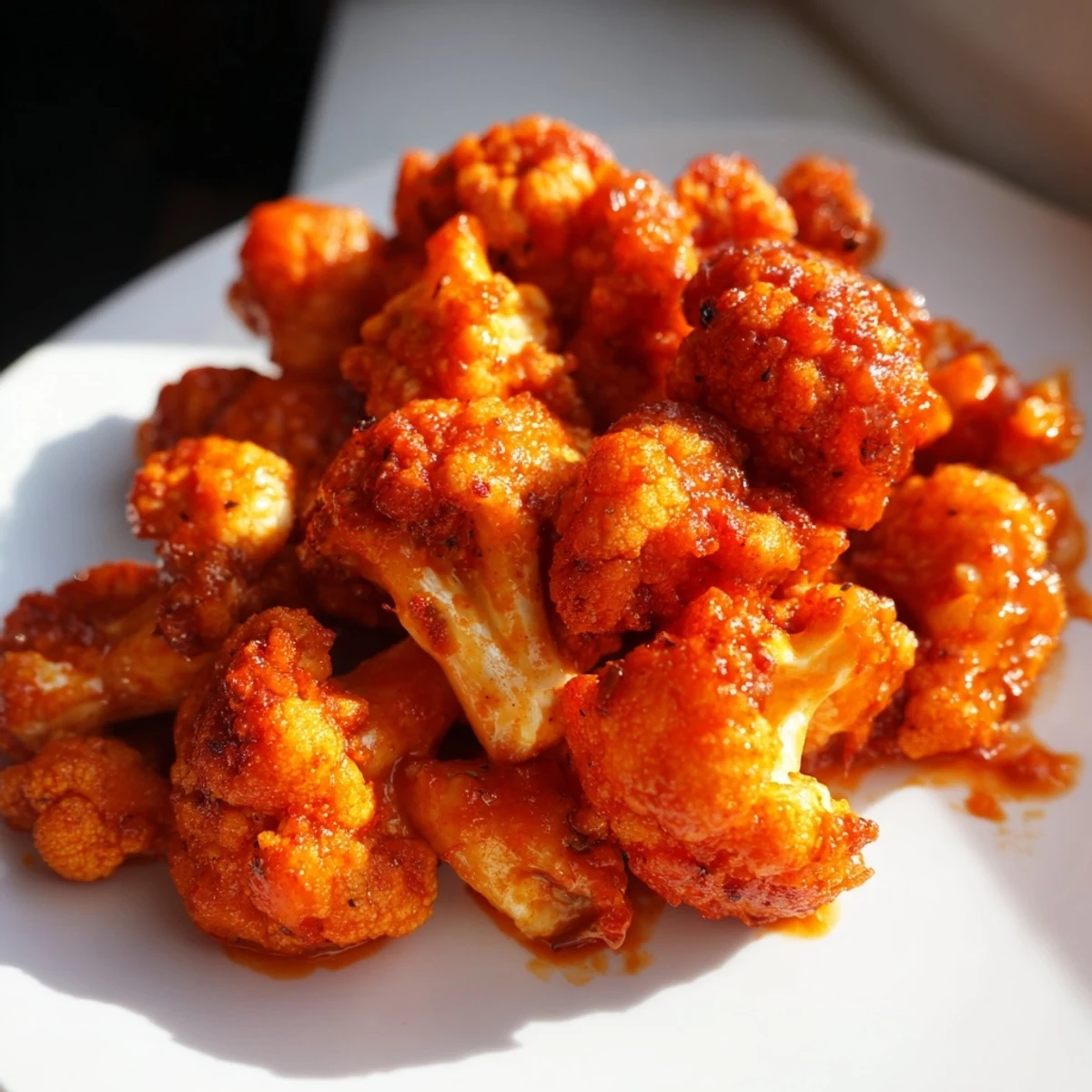 Oven-roasted Spicy Buffalo Cauliflower Wings show a crunchy batter and tangy sauce, ready to eat with celery.