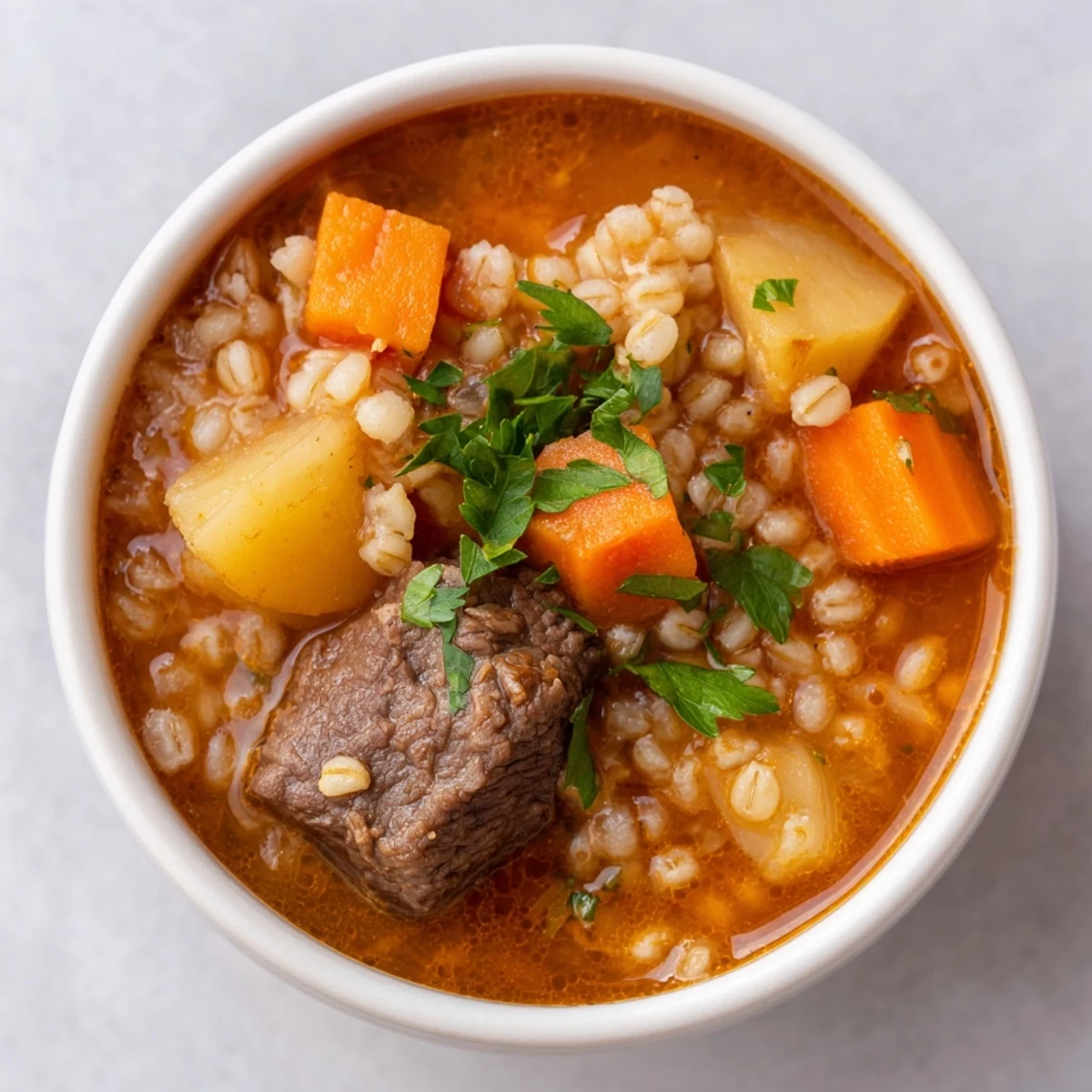 Steaming bowl of Beef and Pearl Barley Soup with tender beef cubes, carrots, and fresh parsley garnish.