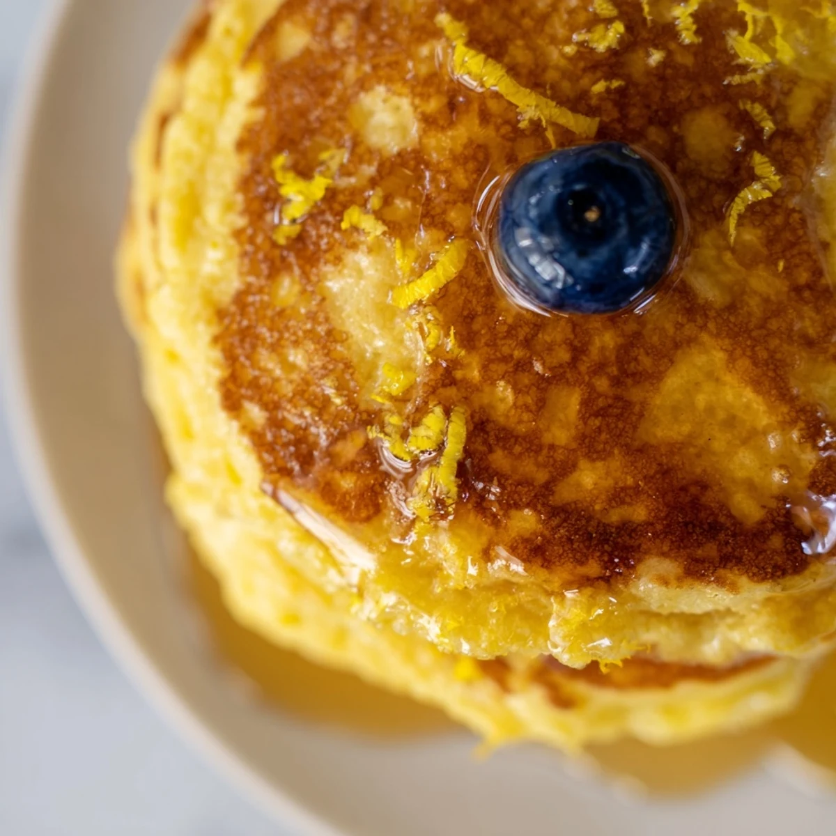 A close-up of Lemon Ricotta Pancakes with Honey being drizzled, with fresh berries scattered on the plate.