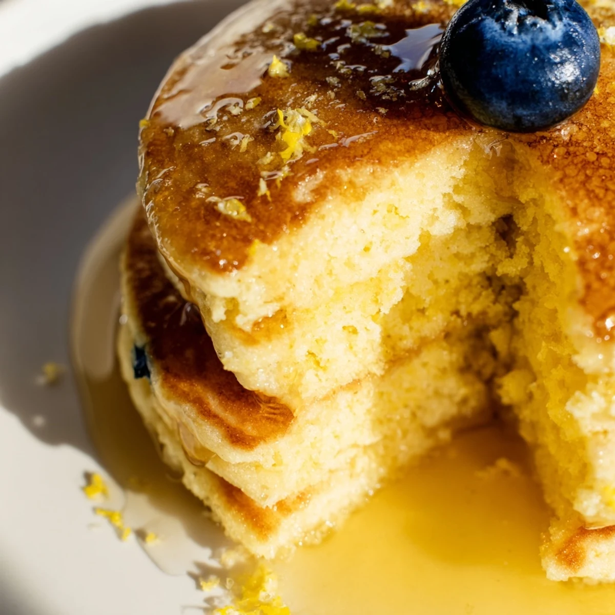 Golden-brown Lemon Ricotta Pancakes with Honey stacked high, showing fluffy texture and a bright lemon zest garnish. 