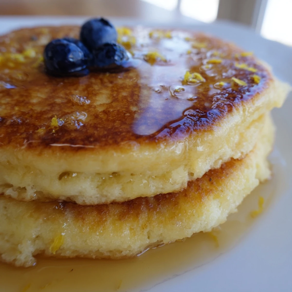 A single fluffy Lemon Ricotta Pancake with Honey lifted from the stack, revealing a tender, ricotta-filled interior.