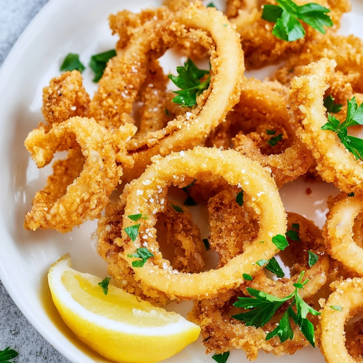 Golden-fried crispy squid with lemon wedges and fresh parsley garnish on a rustic plate.