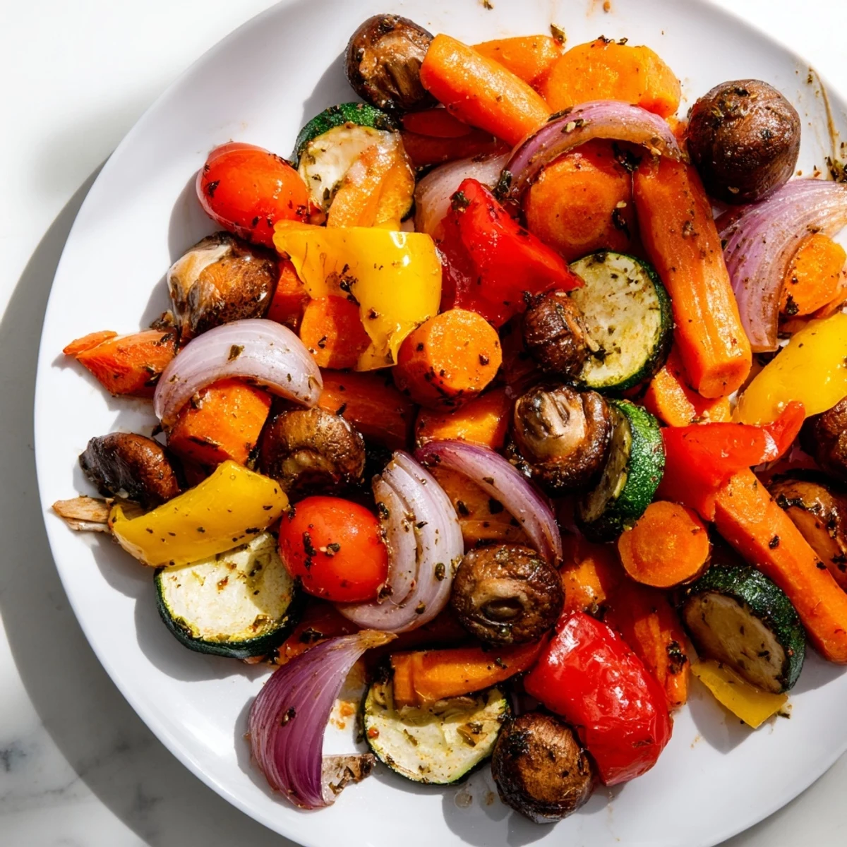 Vibrant medley of Baked Vegetables with Olive Oil, with caramelized bell peppers and mushrooms on a baking tray.
