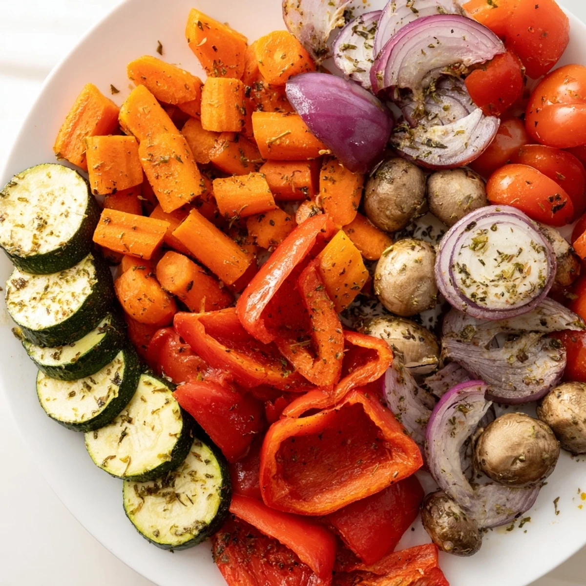 Golden roasted Baked Vegetables with Olive Oil, featuring tender zucchini, carrots, and red onion, served warm.