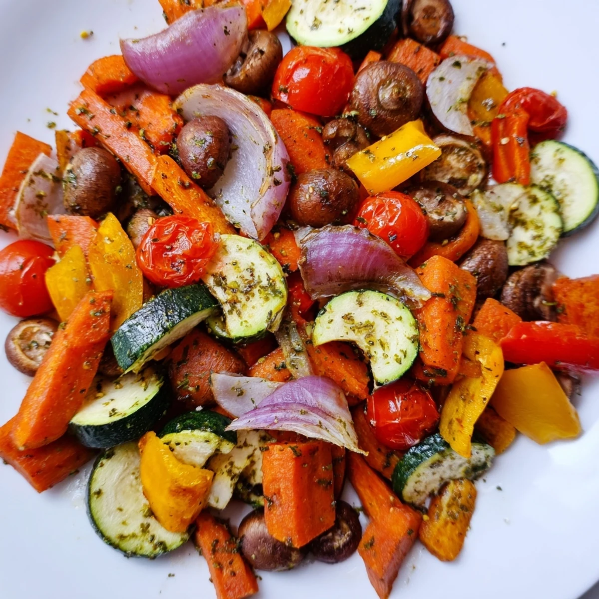 Colorful Baked Vegetables with Olive Oil, roasted with garlic and herbs, ready to be served as a side dish.