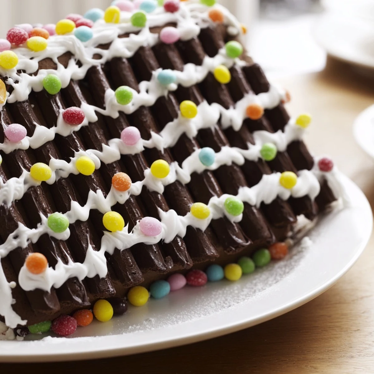 Vibrant Gingerbread House Decor with Candy features gumdrops and peppermint rounds dusted with powdered sugar on a snowy white backdrop, ideal for holiday gatherings.