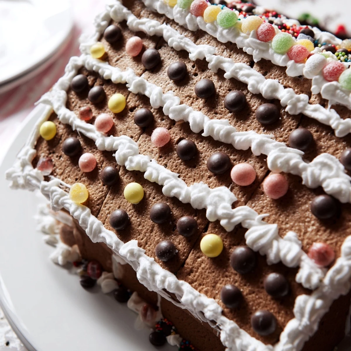 Close-up of Gingerbread House Decor with Candy reveals jelly beans, sugar pearls, and licorice lace accents, showcasing a festive dessert centerpiece for holiday celebrations.