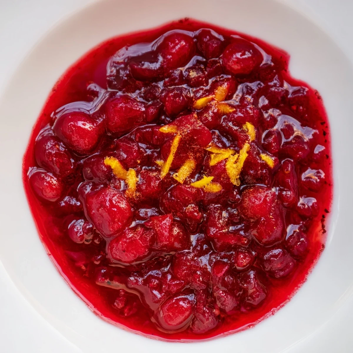 Fresh Cranberry Compote with Sugar simmering in a saucepan, bubbling and releasing citrus aroma.
