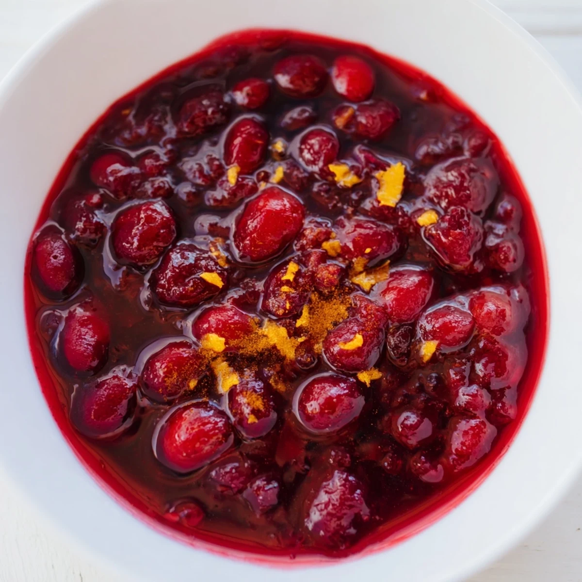 A bowl of homemade Cranberry Compote with Sugar with ruby-red berries and glossy syrup.