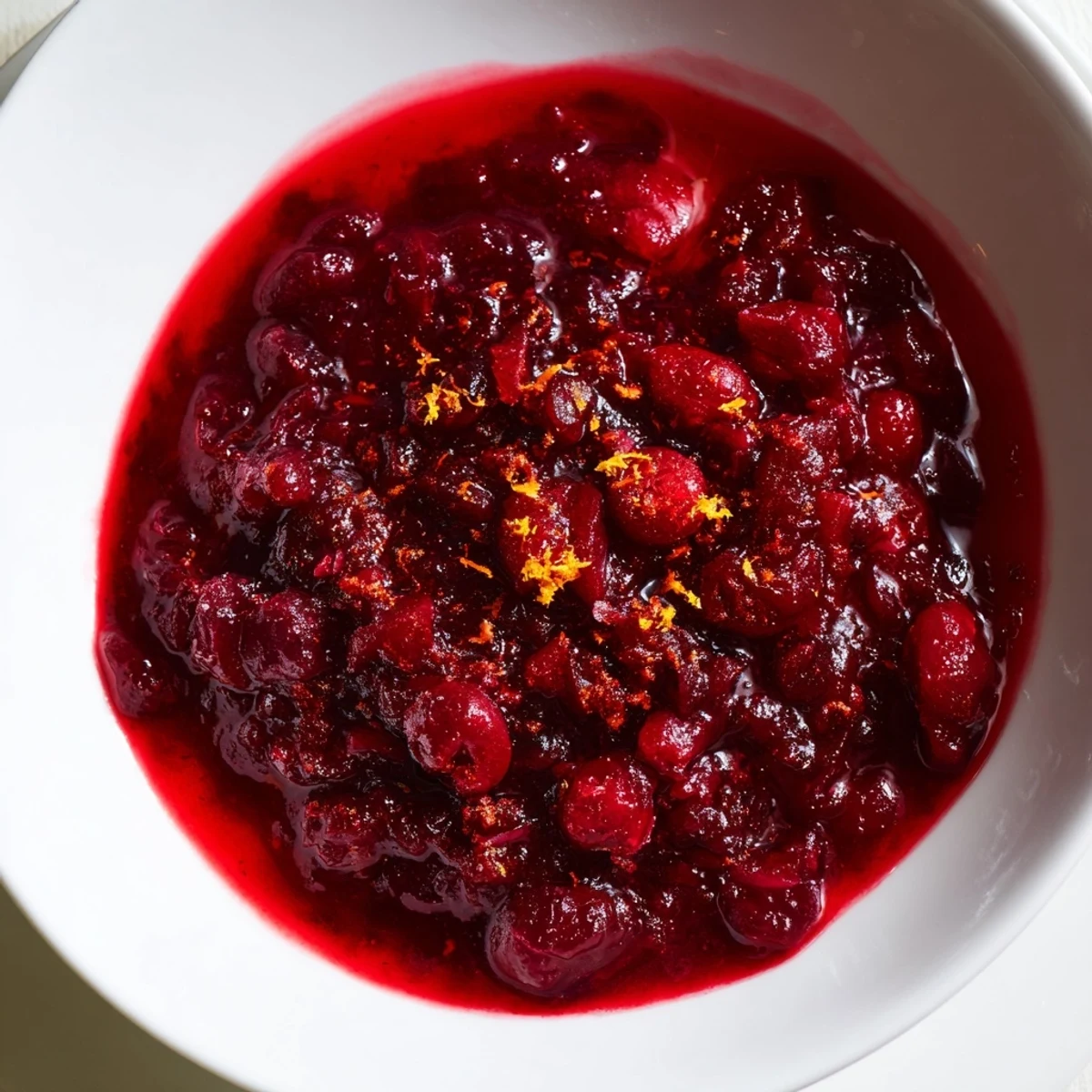 Cranberry Compote with Sugar served over vanilla ice cream with a drizzle of syrup.