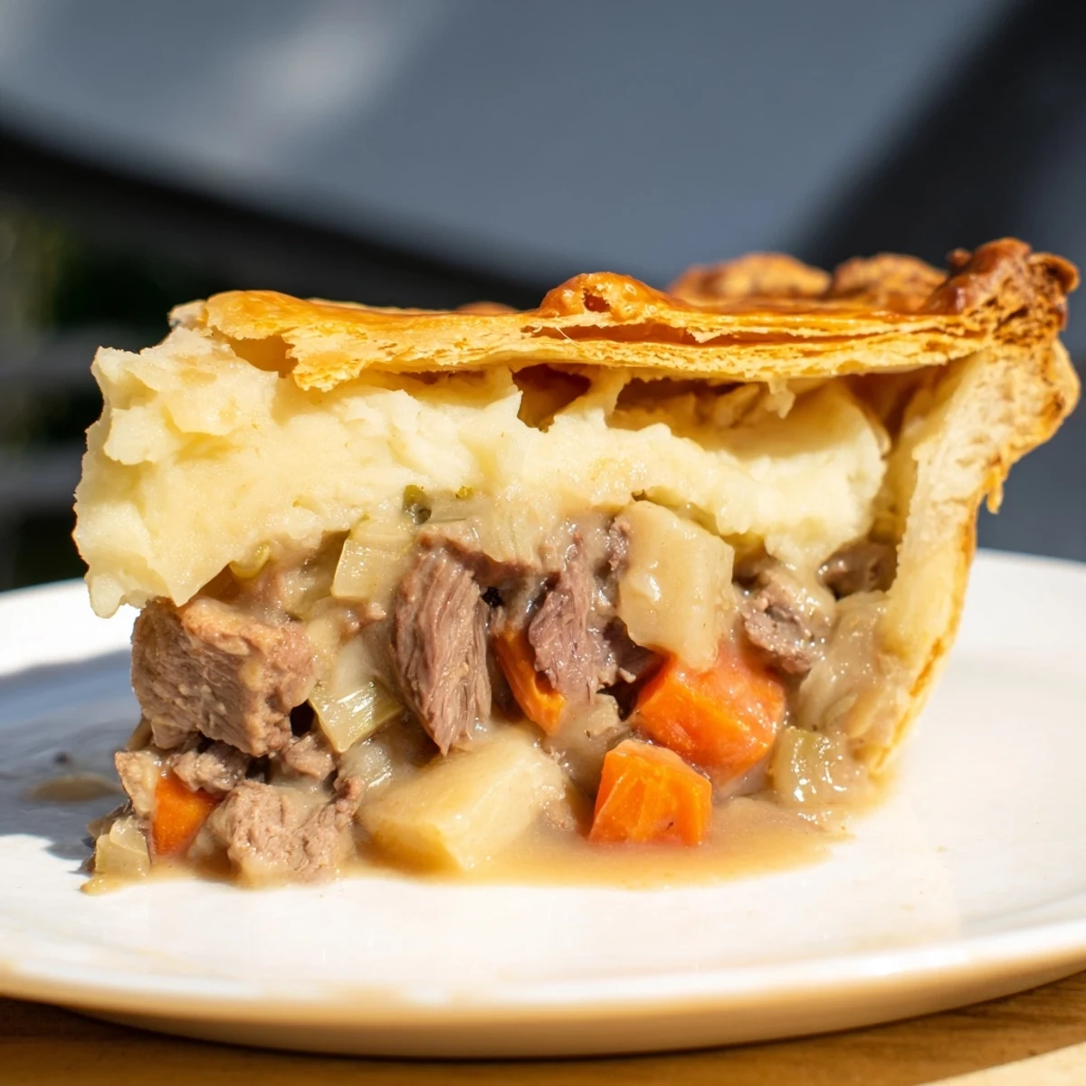 A slice of Beef Pie with Potato reveals layers of tender beef chunks, vegetables, and creamy mashed potatoes.