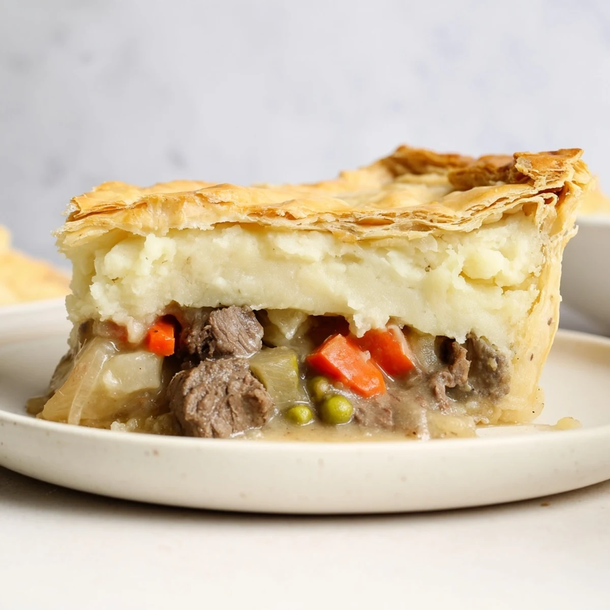 Golden flaky pastry tops a hearty Beef Pie with Potato filling, with steam rising and a side salad nearby.