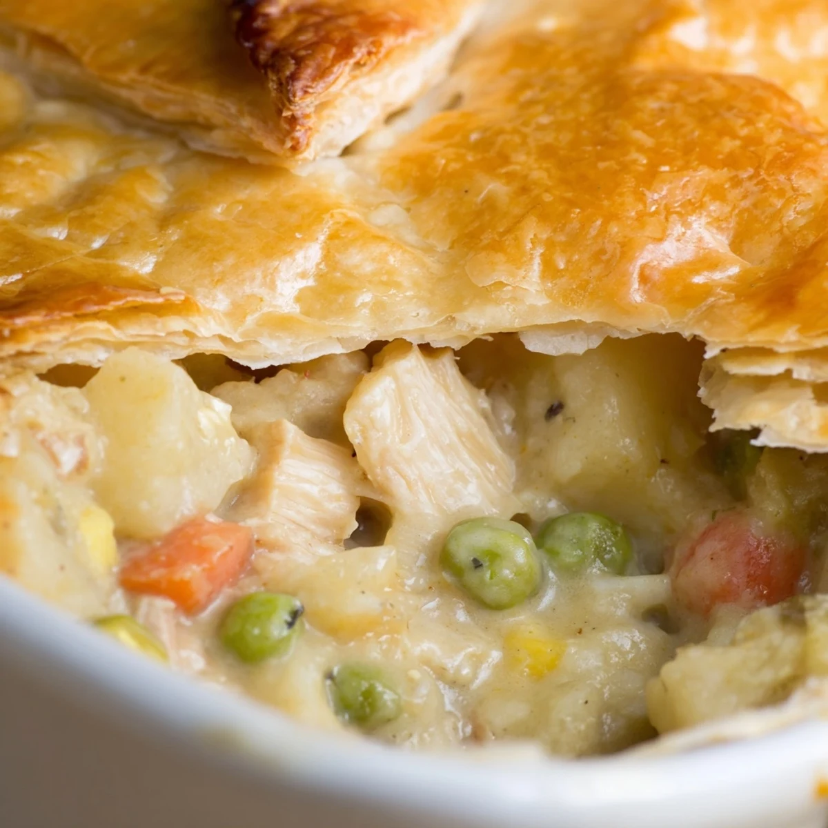 Rustic turkey pot pie with golden puff pastry crust, bubbly filling in a ceramic dish.