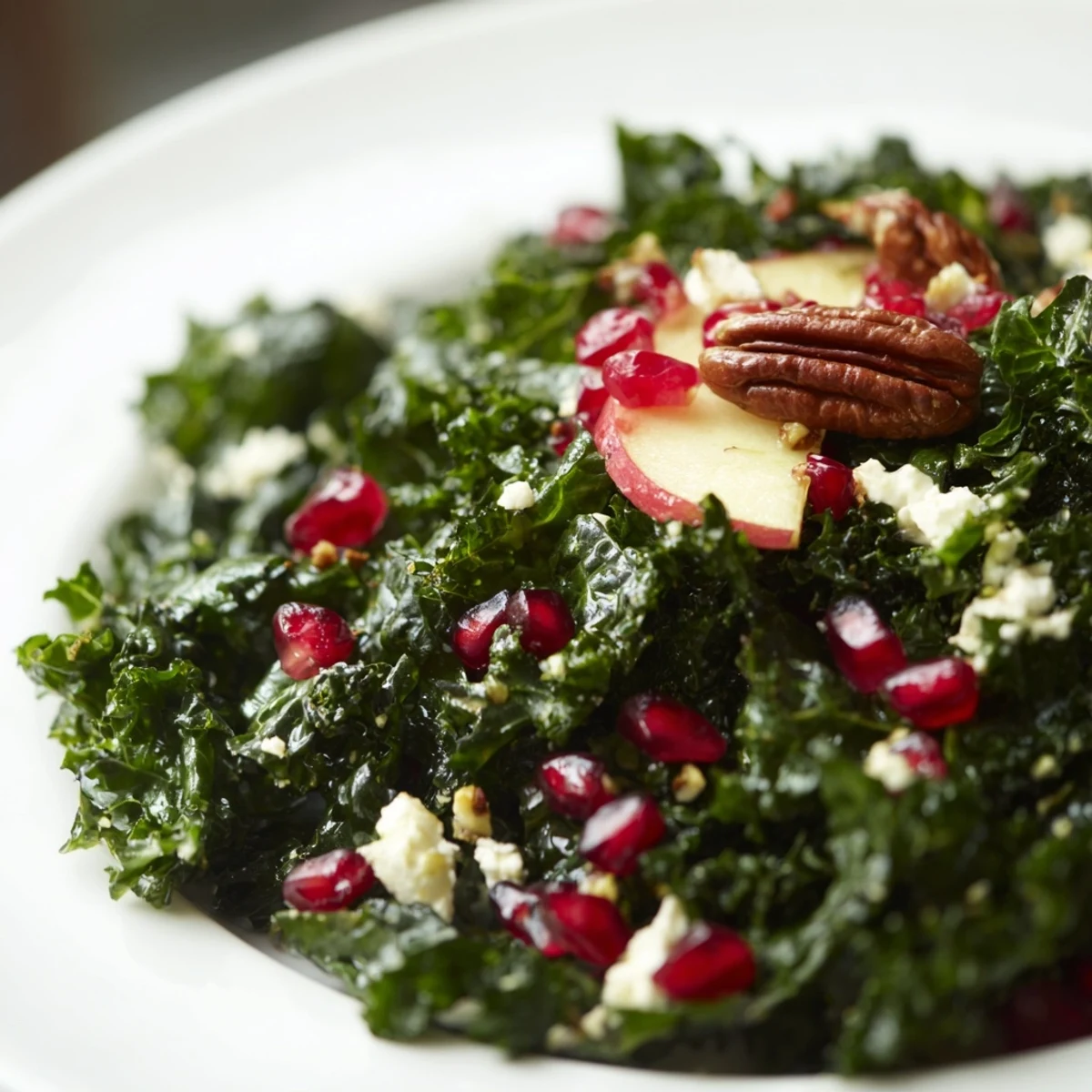 Freshly massaged kale tossed with bright citrus dressing, topped with vibrant red pomegranate seeds and toasted pecans in a serving bowl.