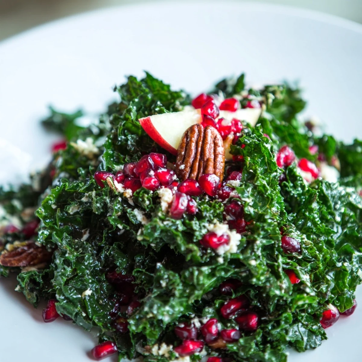 Healthy Winter Kale Salad with Pomegranate and Pecans, served on a plate with a drizzle of citrus dressing and bright greens.