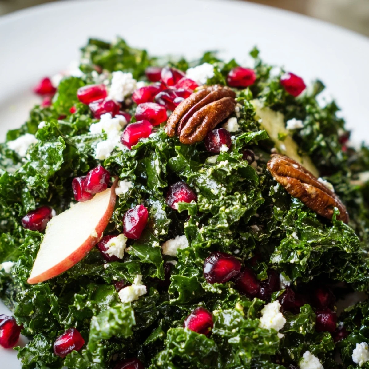 A close-up view of Winter Kale Salad with crunchy pecans, sweet apple slices, and crumbled feta cheese for a festive winter meal.