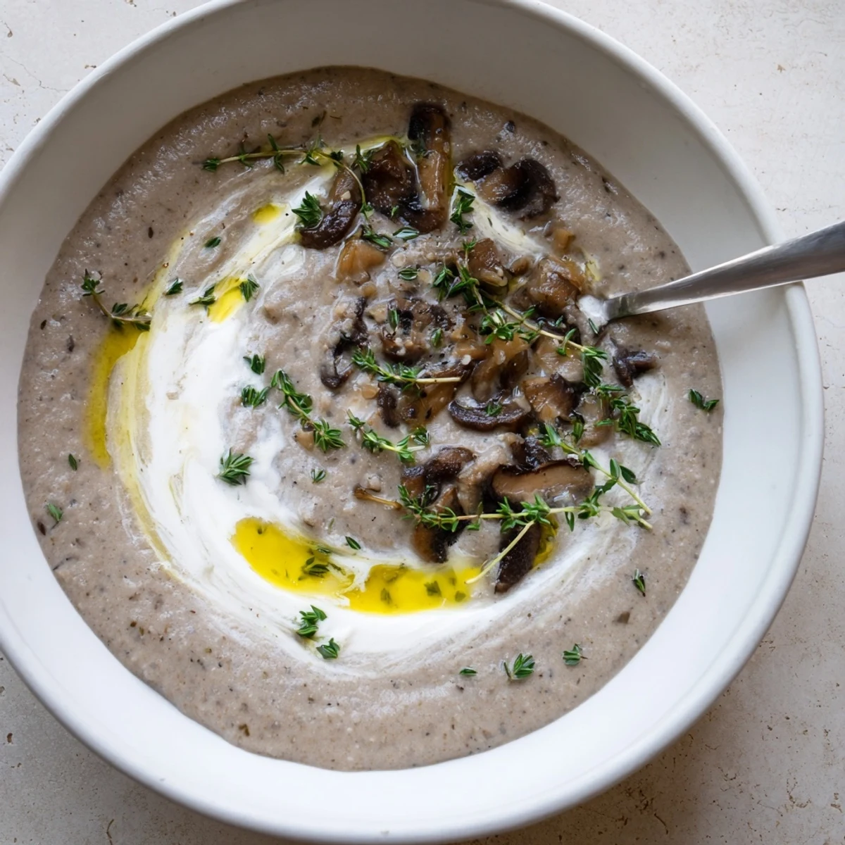 Steam rises from this Creamy Mushroom Soup with Thyme, highlighting sautéed golden mushrooms and a drizzle of olive oil.