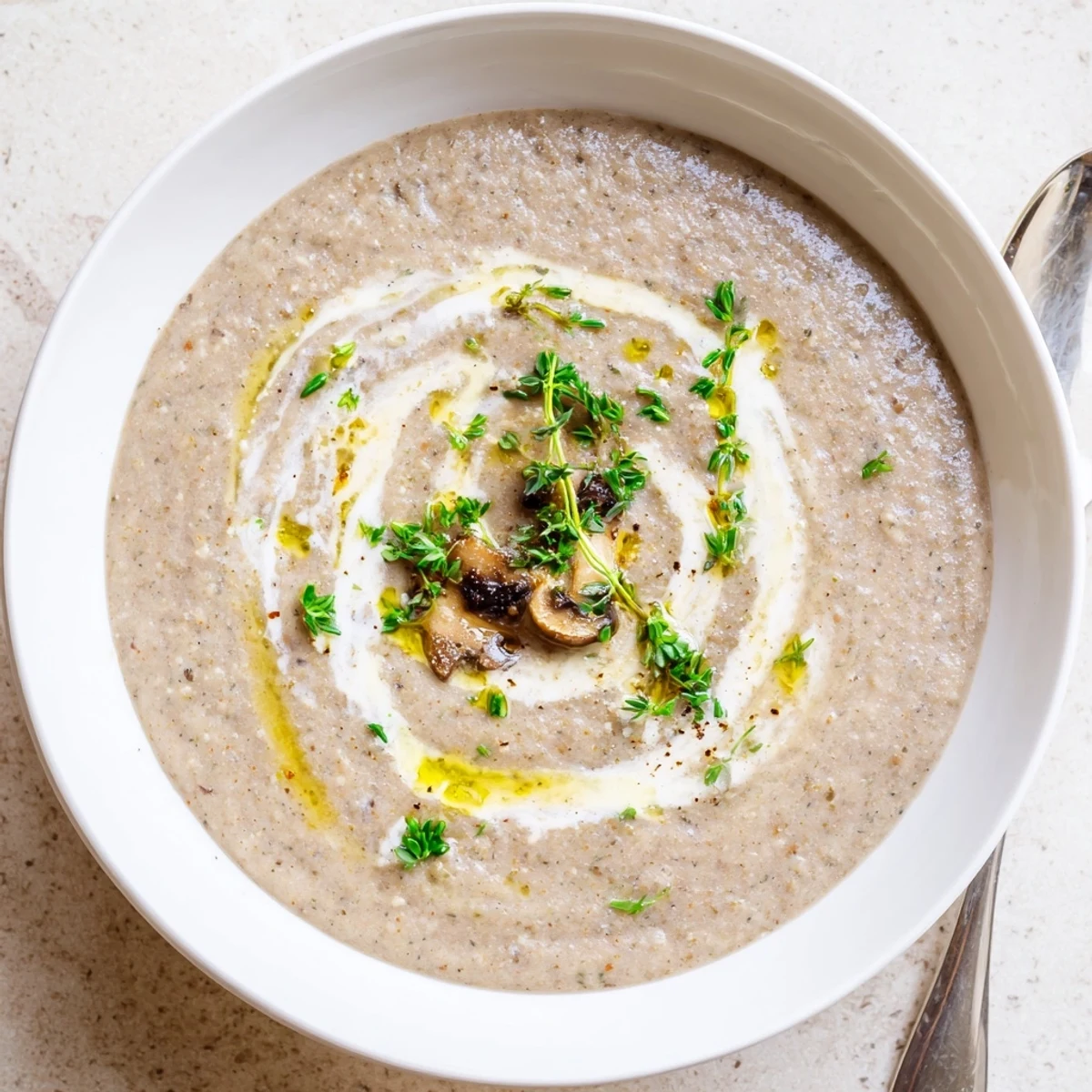 Creamy Mushroom Soup with Thyme served warm in a white bowl, garnished with parsley and thyme sprigs next to crusty bread.