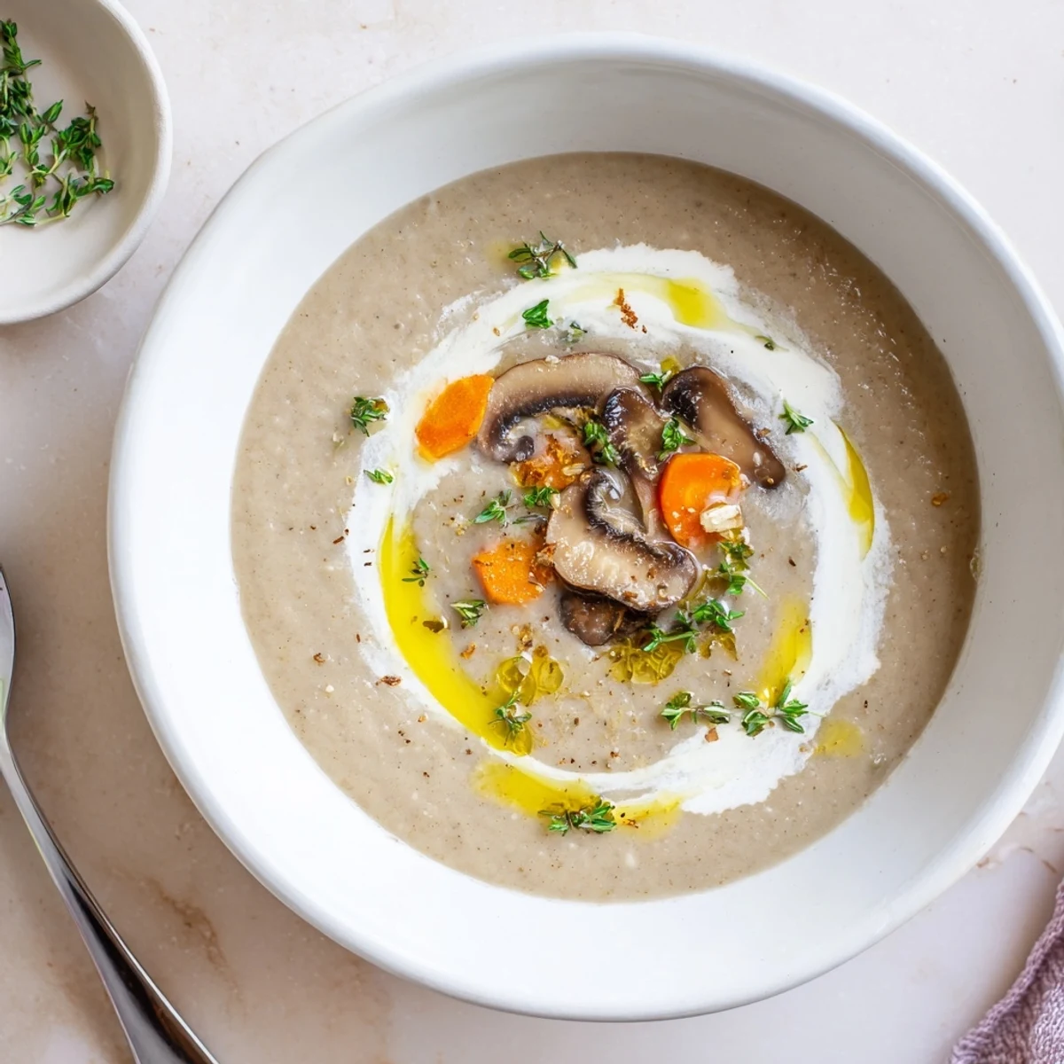 A rustic ladle pours Creamy Mushroom Soup with Thyme from a pot, revealing its velvety texture and fresh thyme garnish.