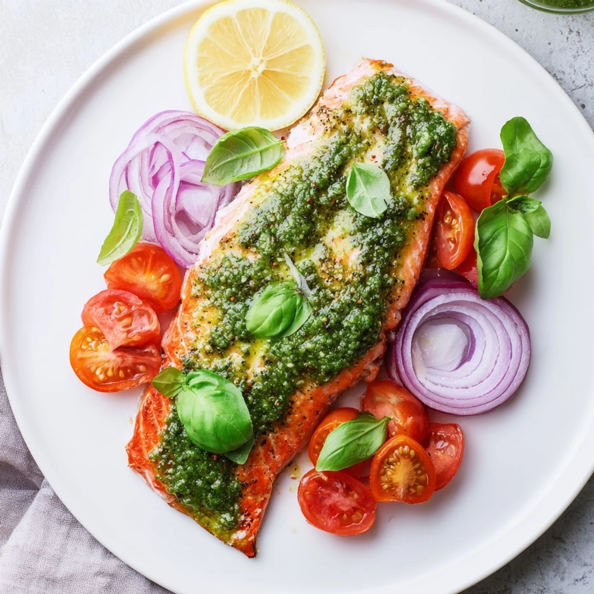 Freshly baked salmon fillets topped with vibrant green pesto and roasted cherry tomatoes on a baking tray.