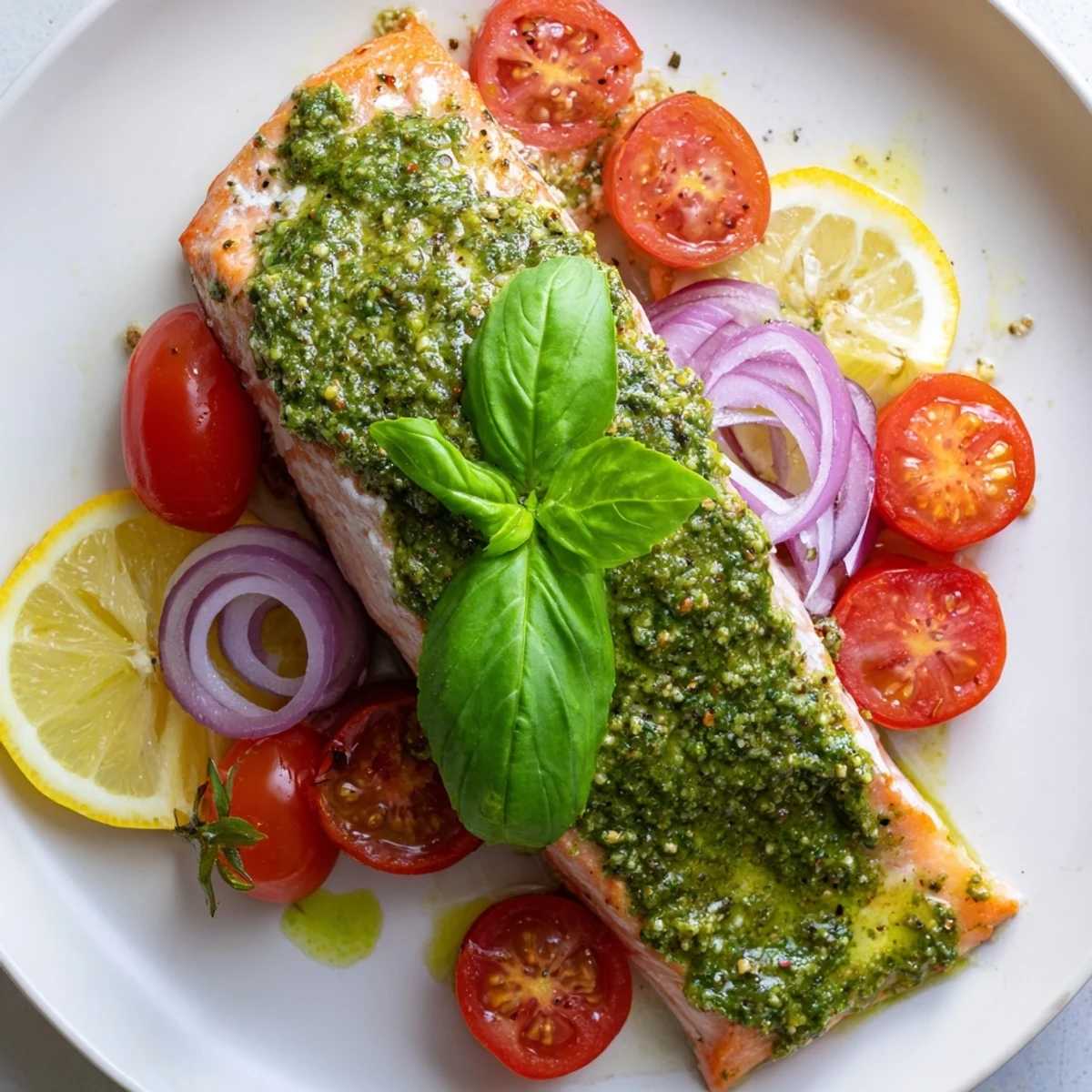 Oven-baked salmon with pesto and cherry tomatoes paired with a fresh salad for a Mediterranean dinner.