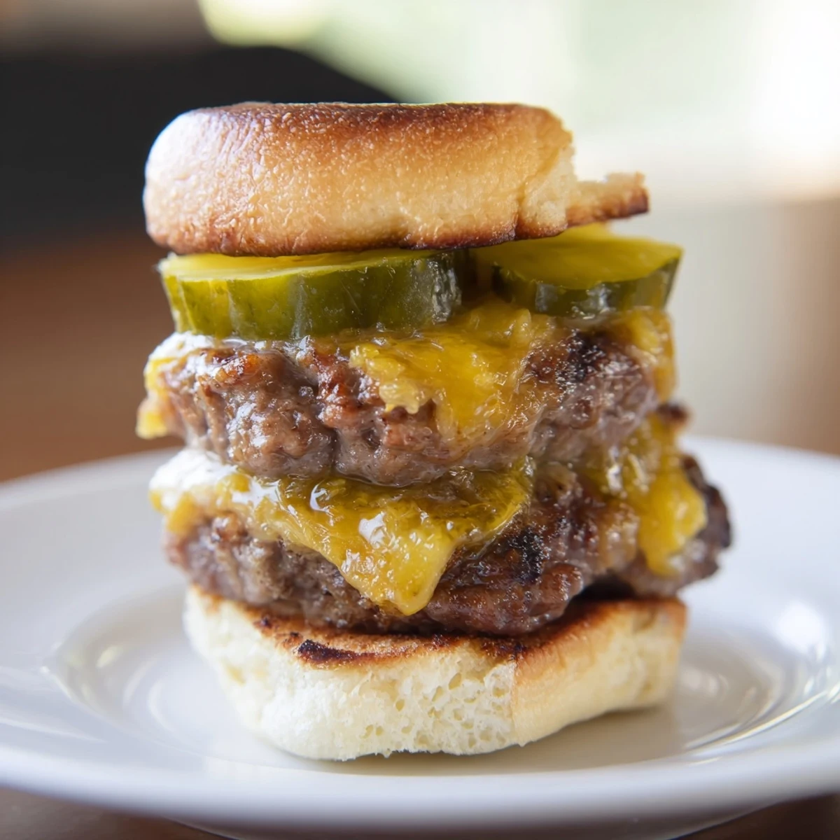 Golden-brown beef sliders with melted cheddar and crisp pickle slices on toasted buns, garnished with red onion.