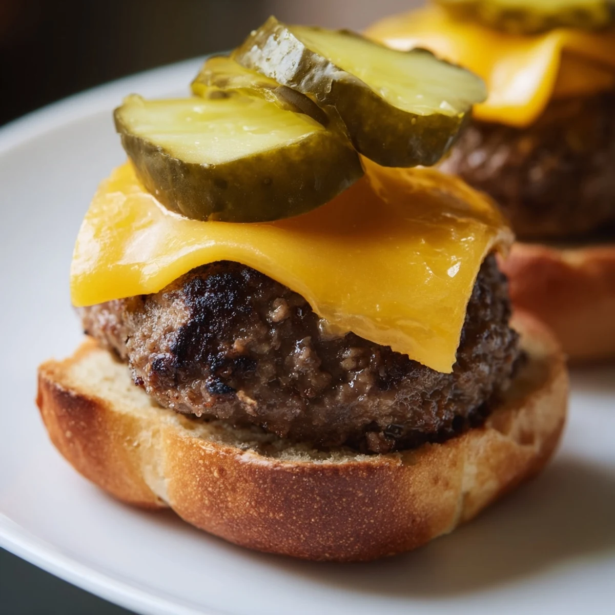 Cheeseburgers with pickles and onions on slider buns, perfect for game day platters or family dinners.