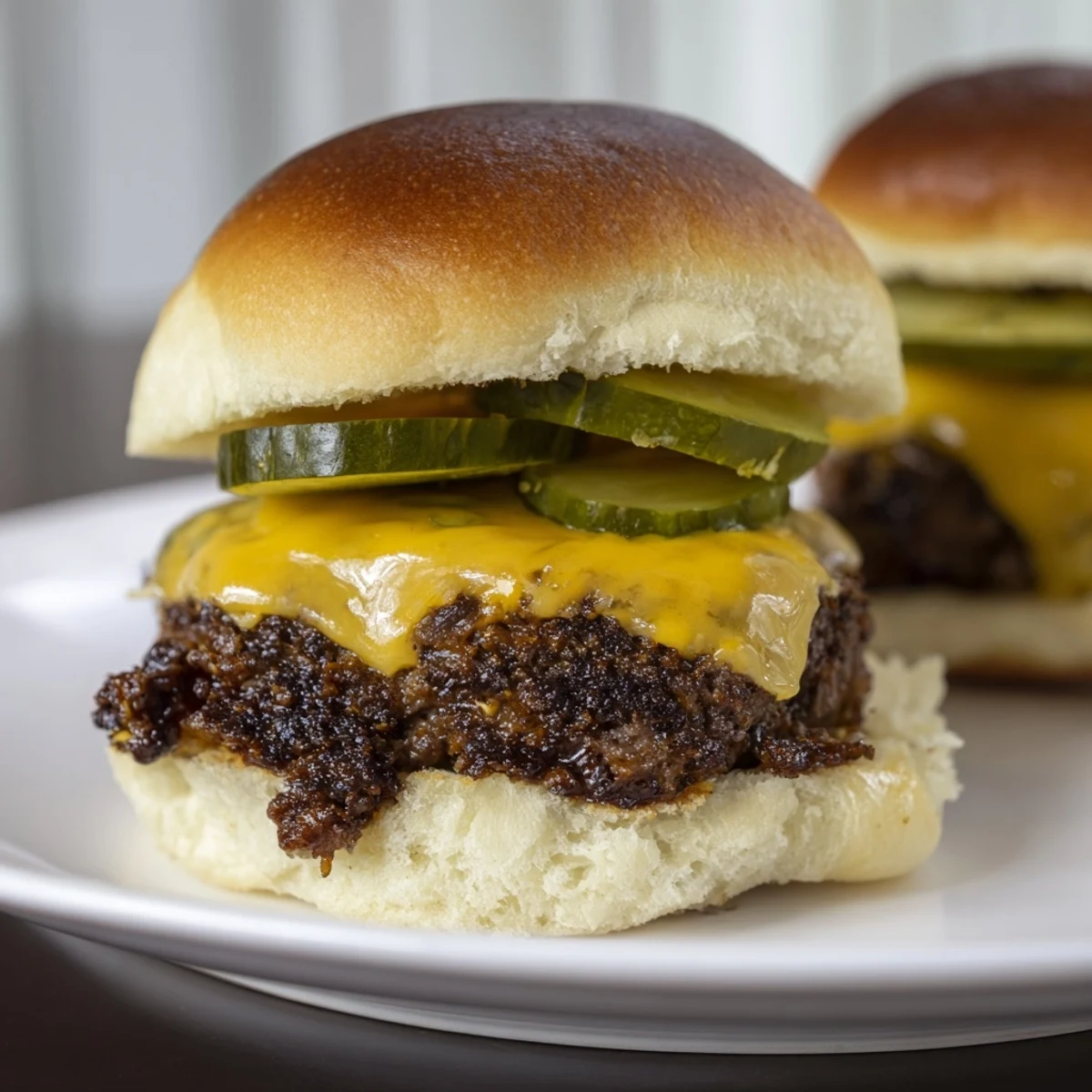 Fully assembled mini cheeseburger sliders with juicy patties and melted cheese, ready to serve at a summer barbecue.