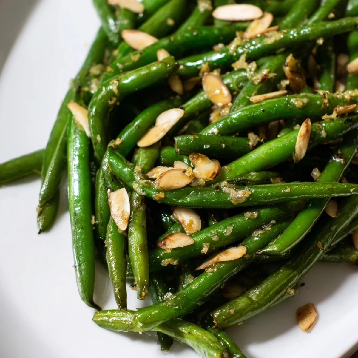 Tender-crisp Lemon Garlic Green Beans with Almonds served alongside roasted chicken, highlighting fresh garlic and citrus. A quick 20-minute side for weeknight dinners.