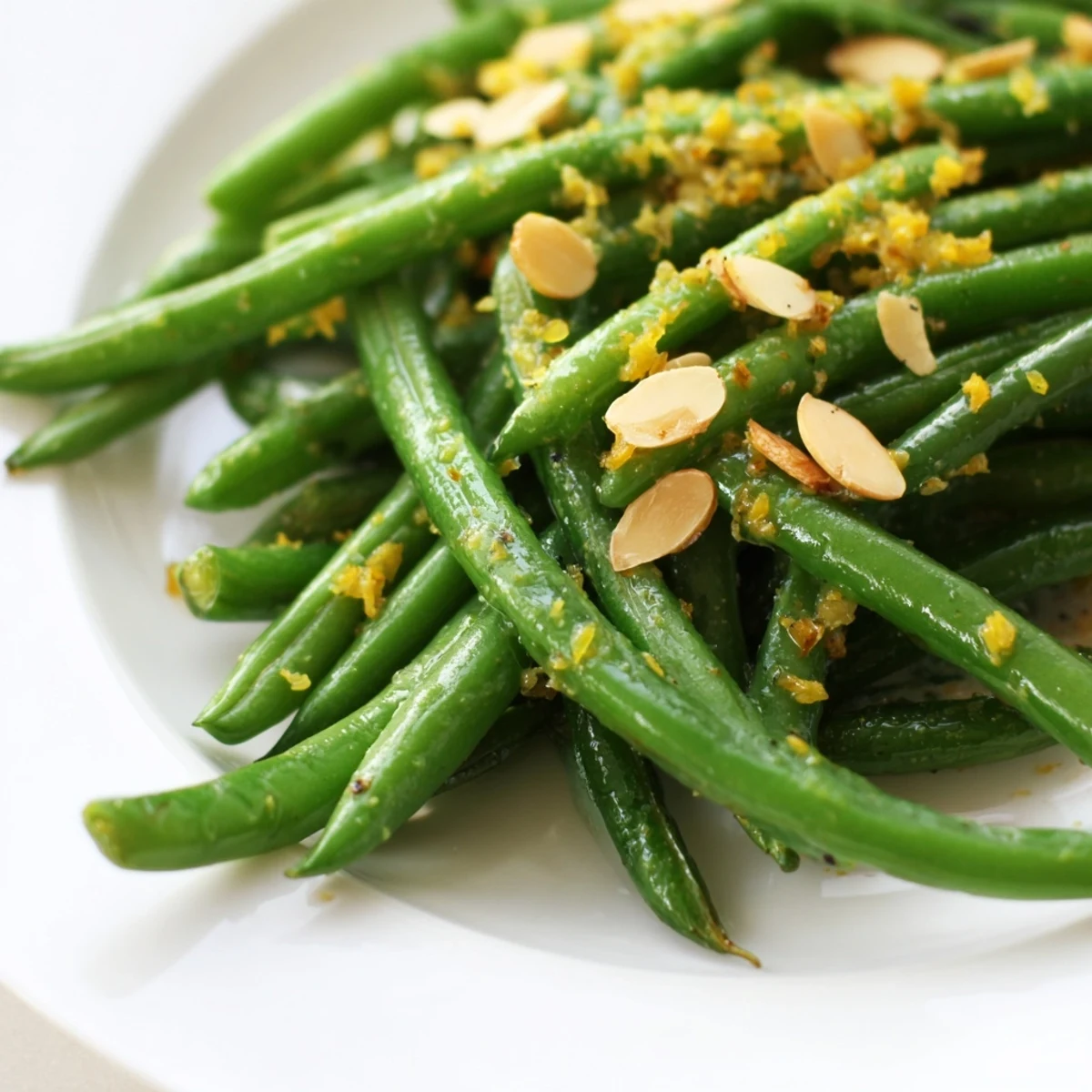 Close-up of Lemon Garlic Green Beans with Almonds showing blanched bright green beans, minced garlic, and crunchy sliced almonds. Easy American vegetarian side dish recipe.