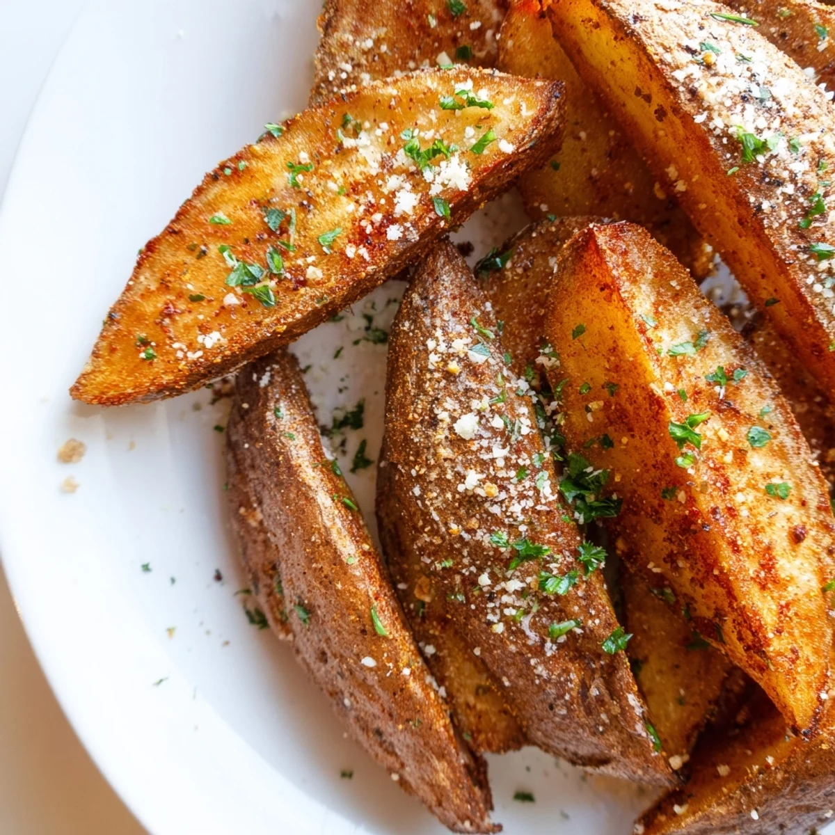 Rustic platter of Crispy Oven Baked Potato Wedges topped with Parmesan, ready to dip in aioli.