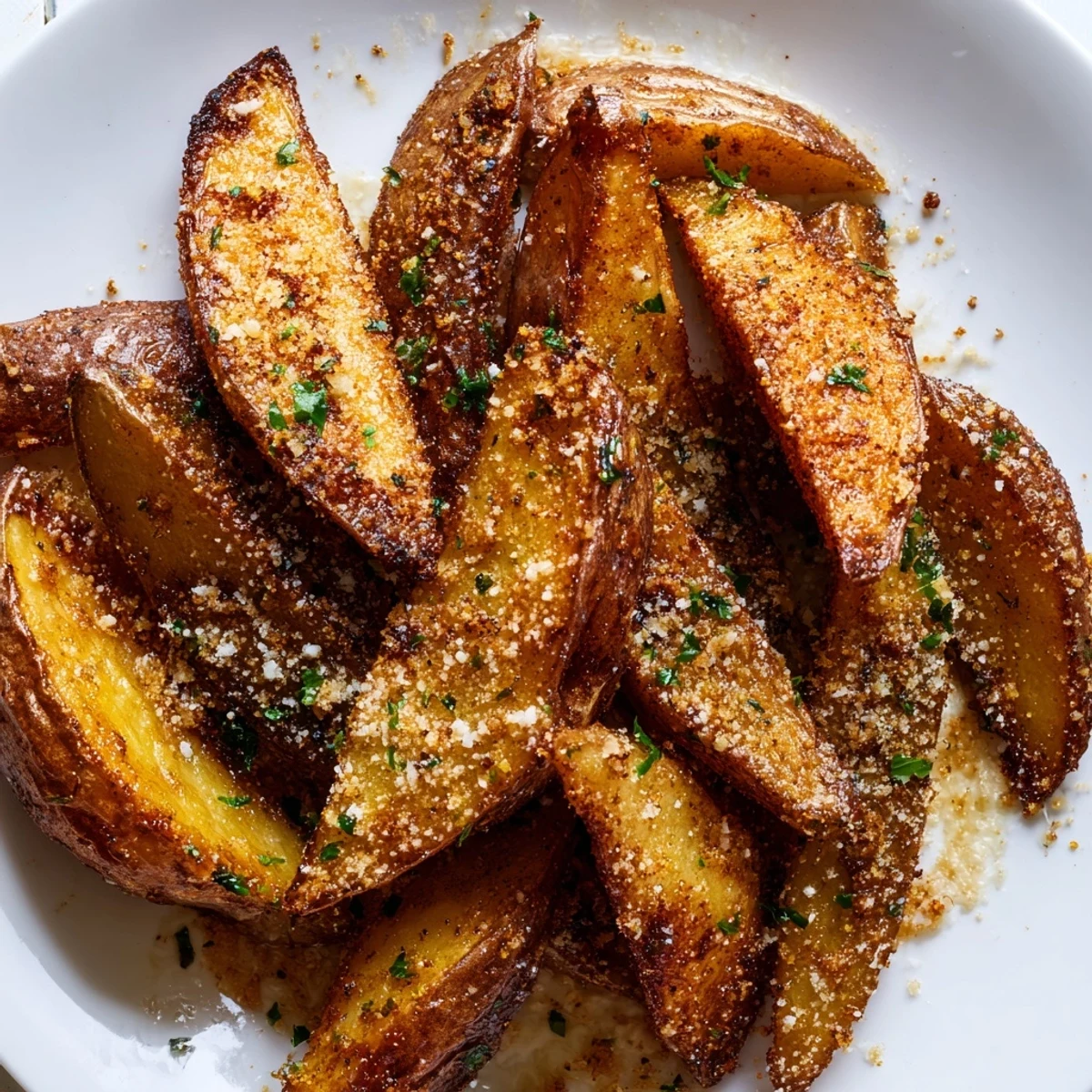 A close-up of Crispy Oven Baked Potato Wedges seasoned with smoked paprika and parsley garnish.