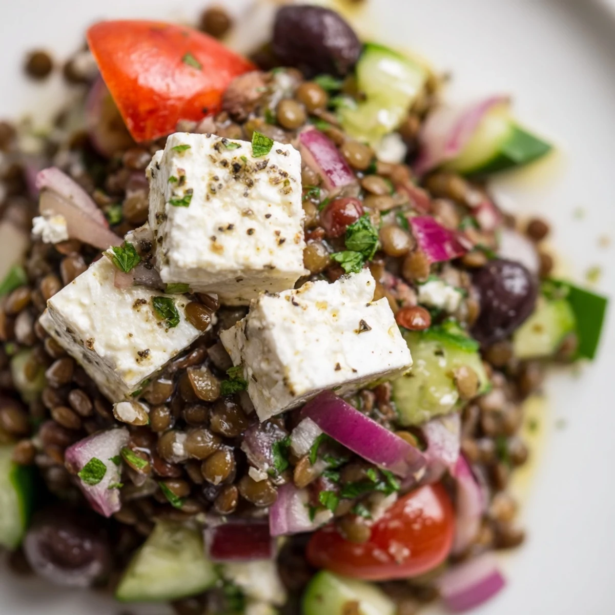 Freshly tossed Mediterranean Lentil Salad with feta, cherry tomatoes, and cucumber in a zesty lemon-oregano dressing.