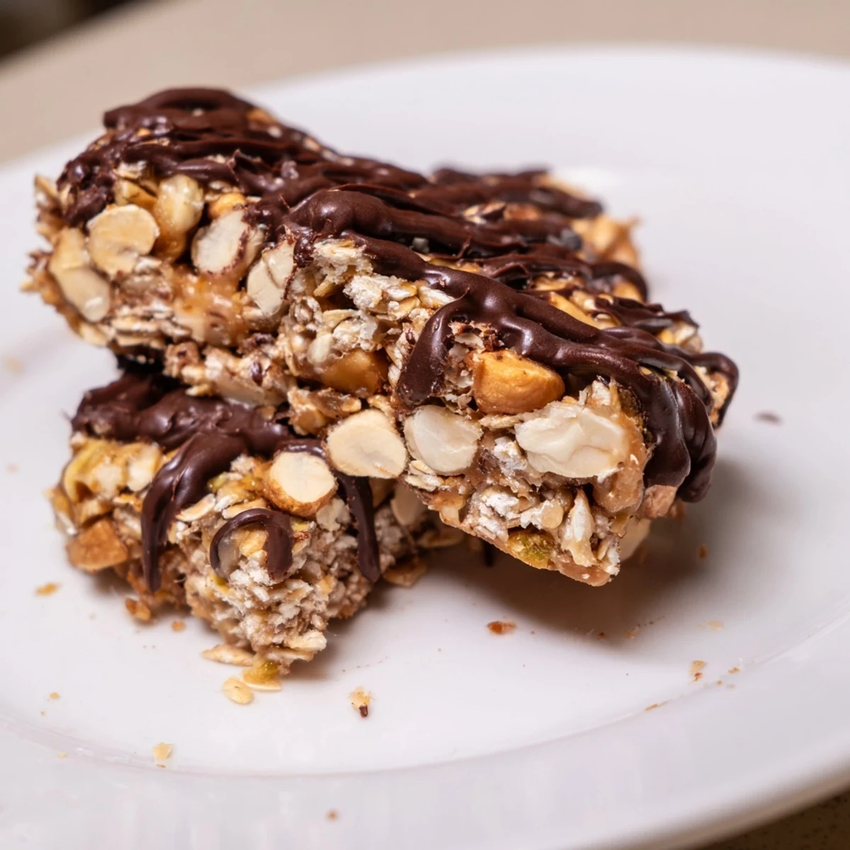 Homemade Chocolate Snack Bars with melted dark chocolate drizzle, oats, and chopped nuts on a plate.