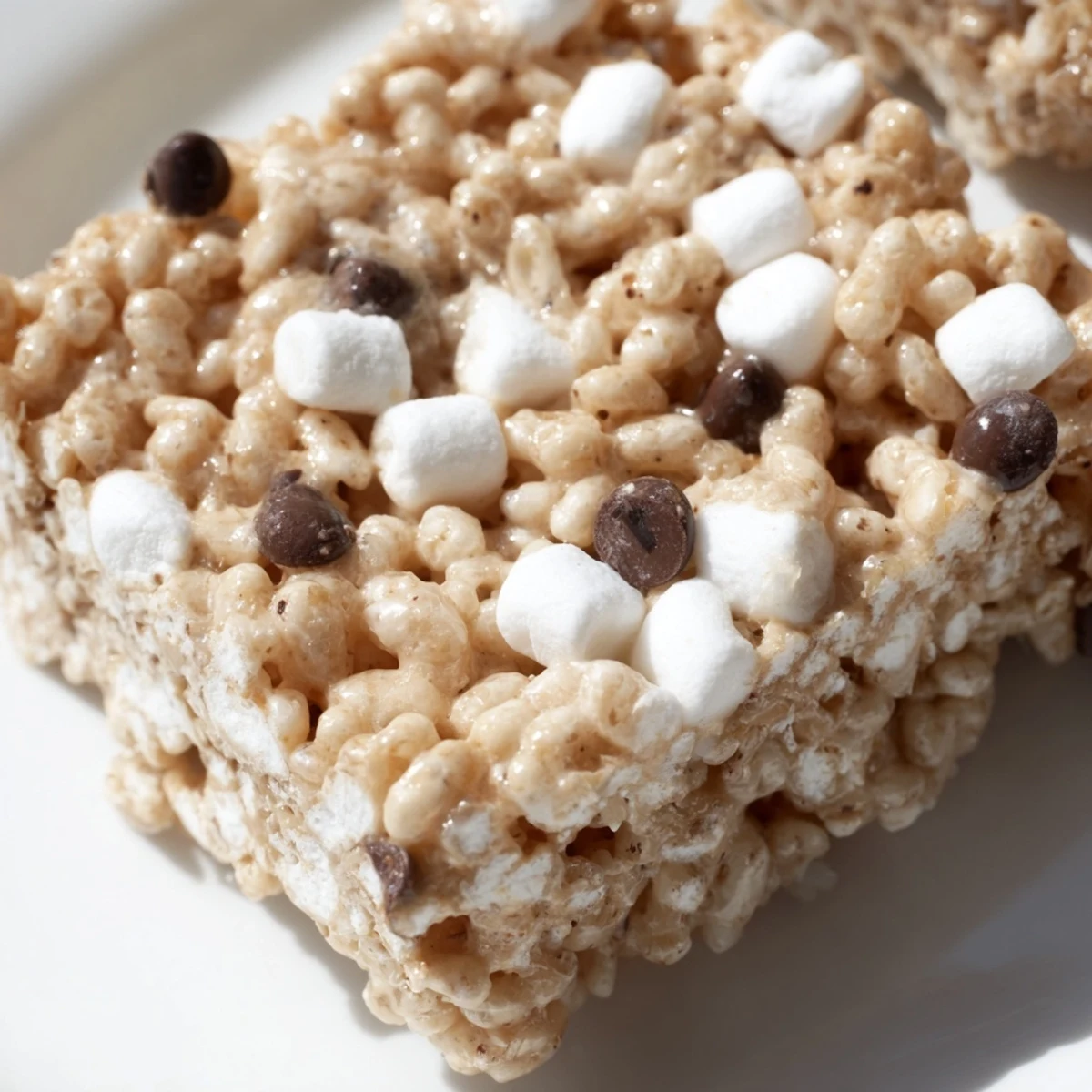 Freshly made Crispy Treat Bars cut into squares on parchment, with melted marshmallow texture and golden edges, perfect with a glass of milk.