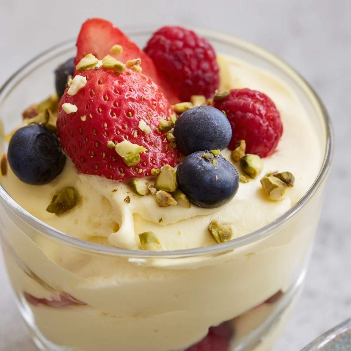 Fresh berry topped creamy treat dessert served chilled with chopped pistachios for garnish.