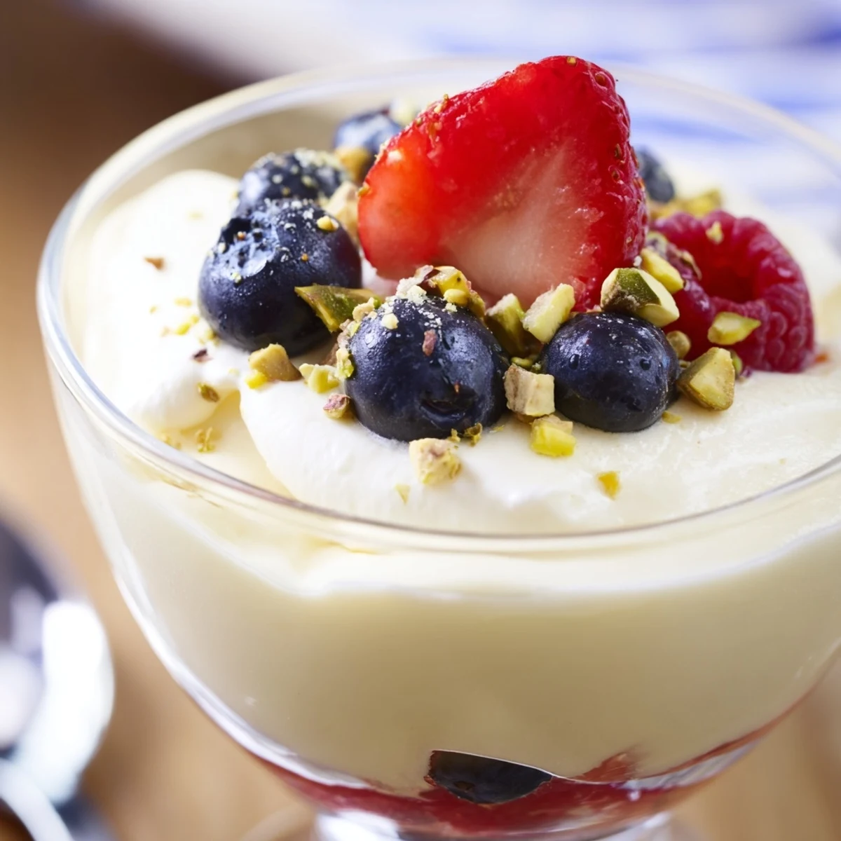 Chilled creamy treat dessert layered with vanilla custard and fresh berries in a glass.