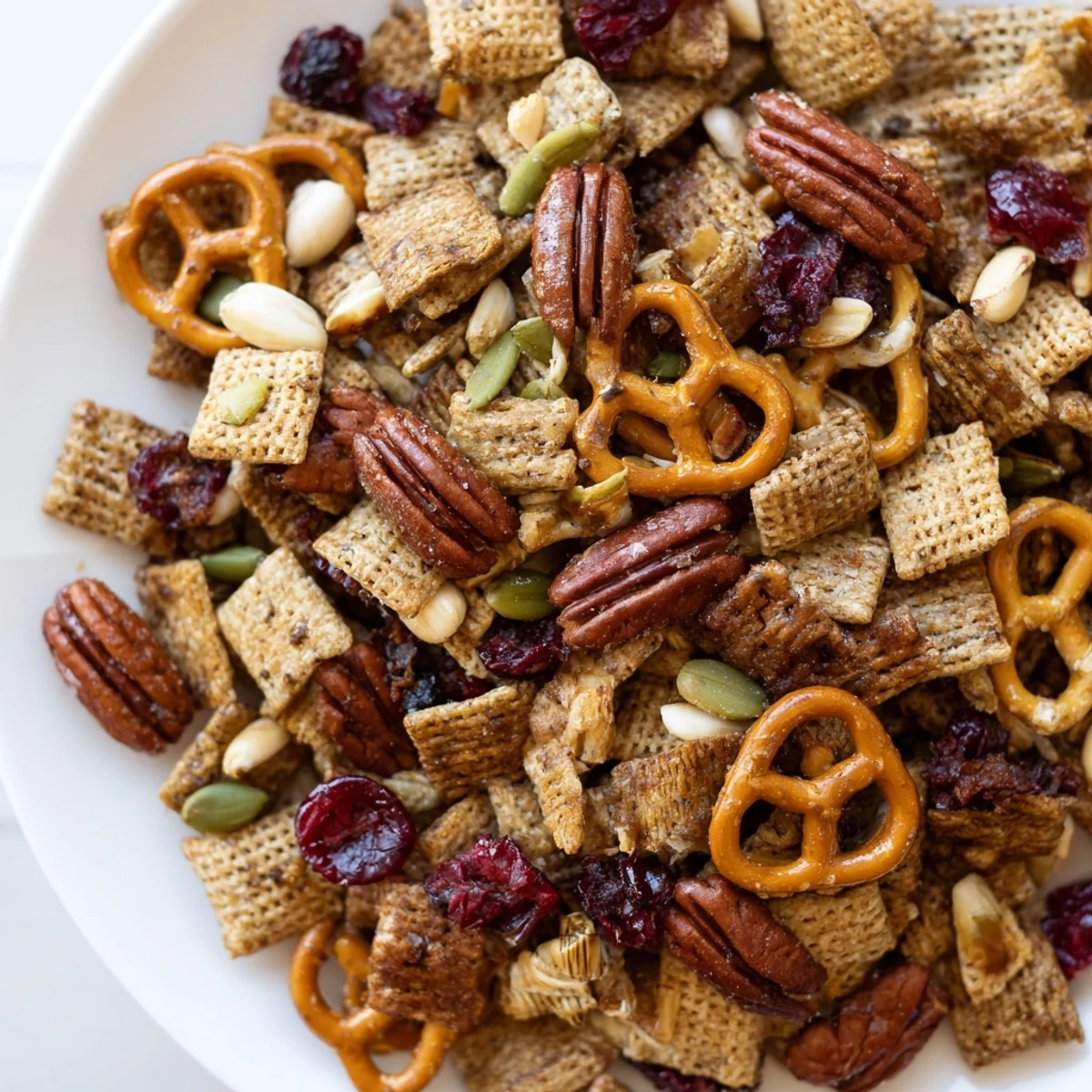 A large bowl of spiced Winter Snack Mix with crunchy cereal, pecans, and dried apricots.