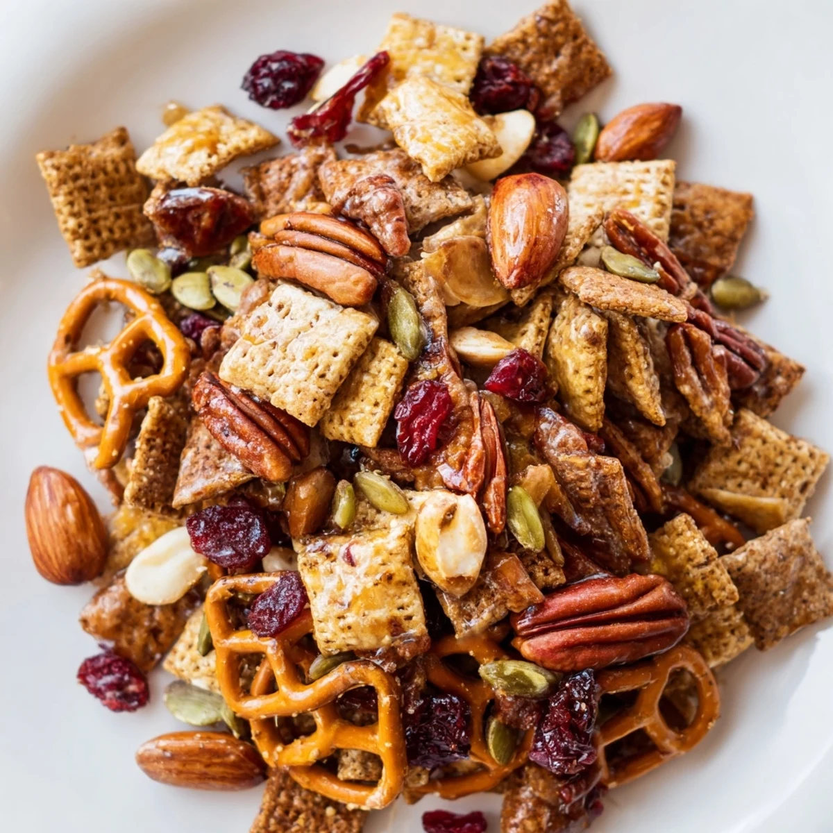 Golden-baked Winter Snack Mix with toasted nuts and pretzels, cooling on a parchment-lined sheet.