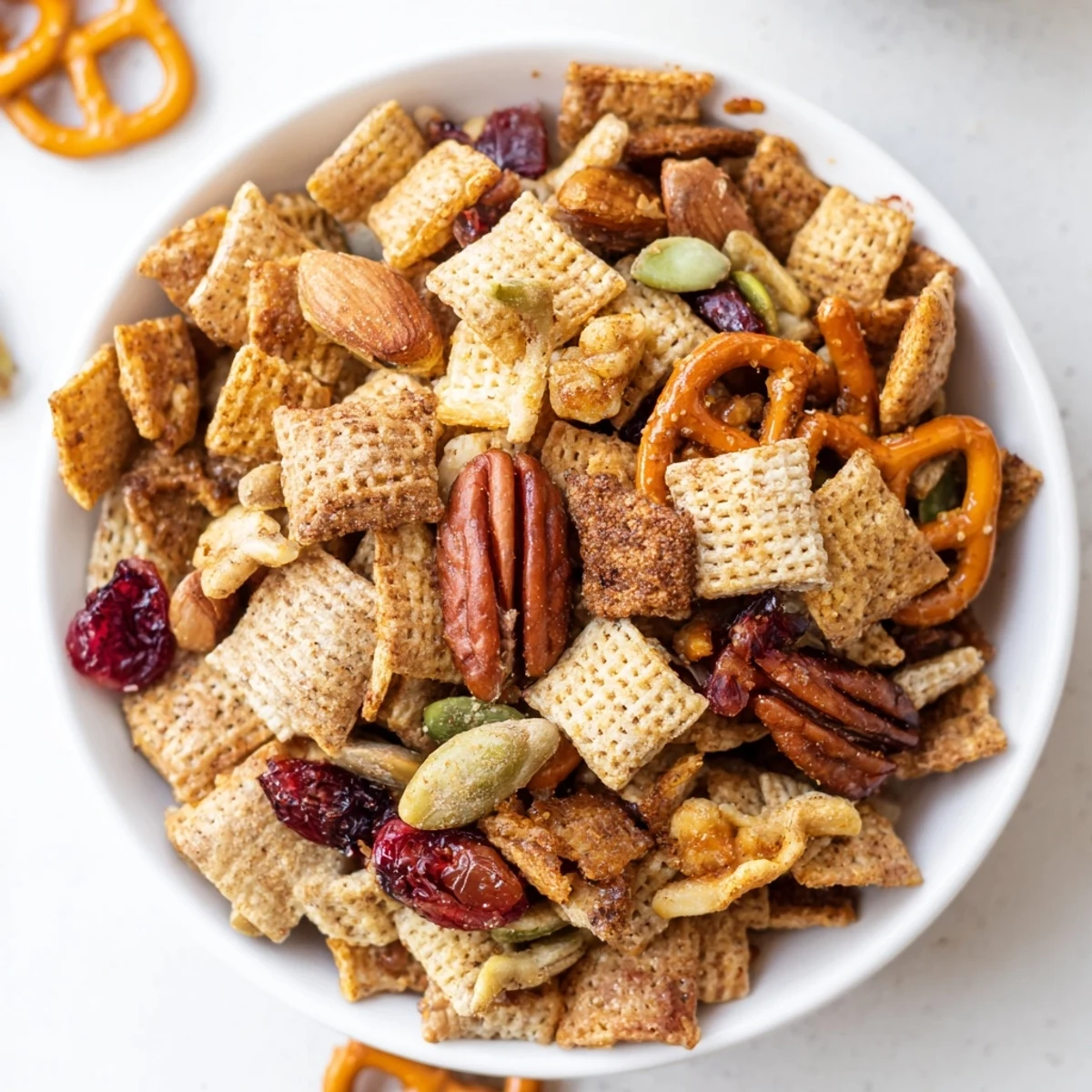 A festive tray of Winter Snack Mix, sprinkled with cinnamon sugar and served for sharing.