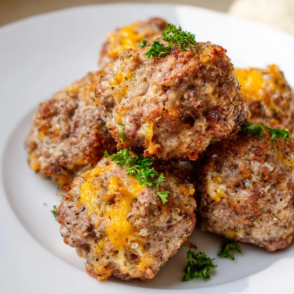 Golden-brown Beef Snack Bites fresh from the oven, garnished with fresh parsley and ready to serve.