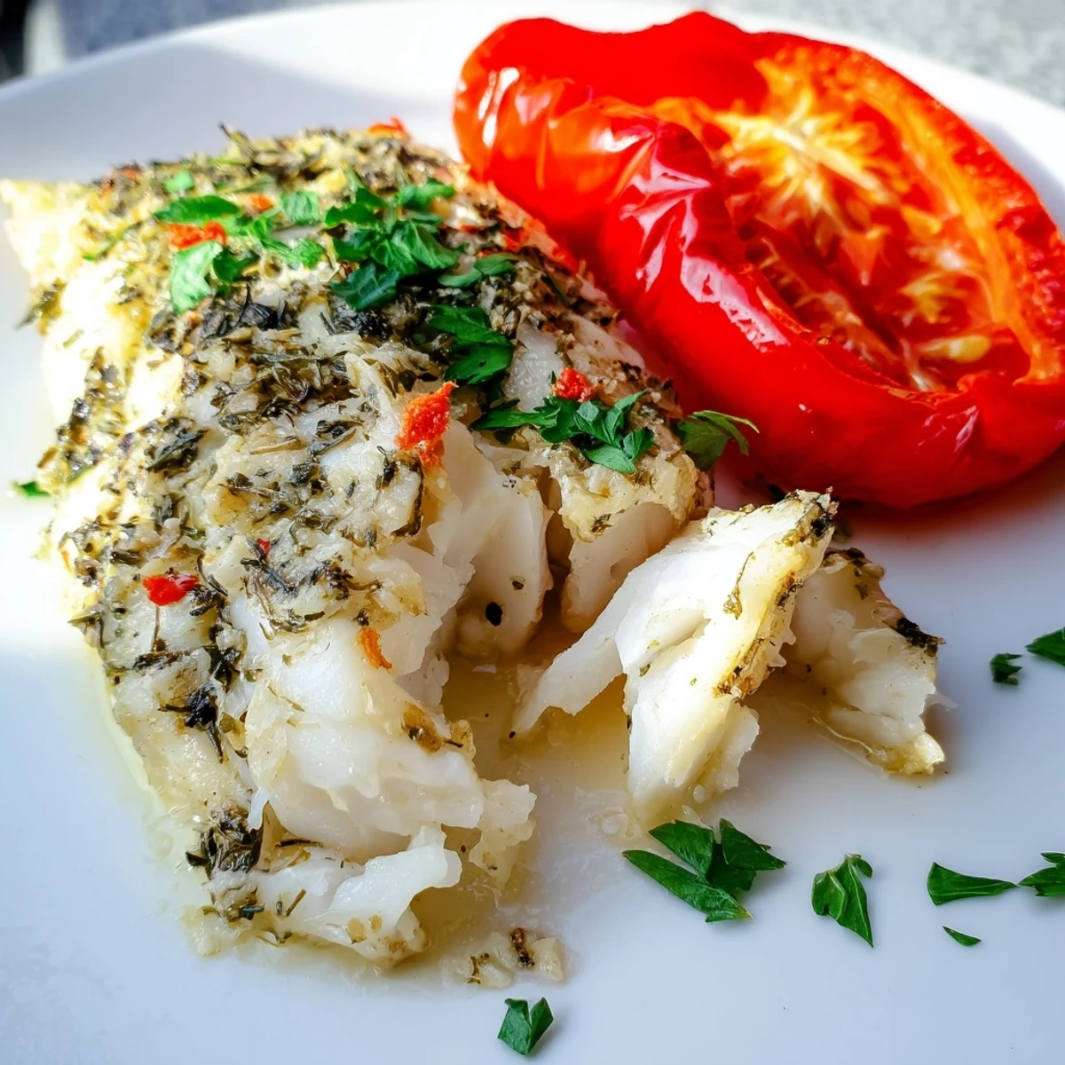 Golden baked cod dish platter garnished with fresh parsley and lemon wedges, ready to serve as a healthy Mediterranean dinner.