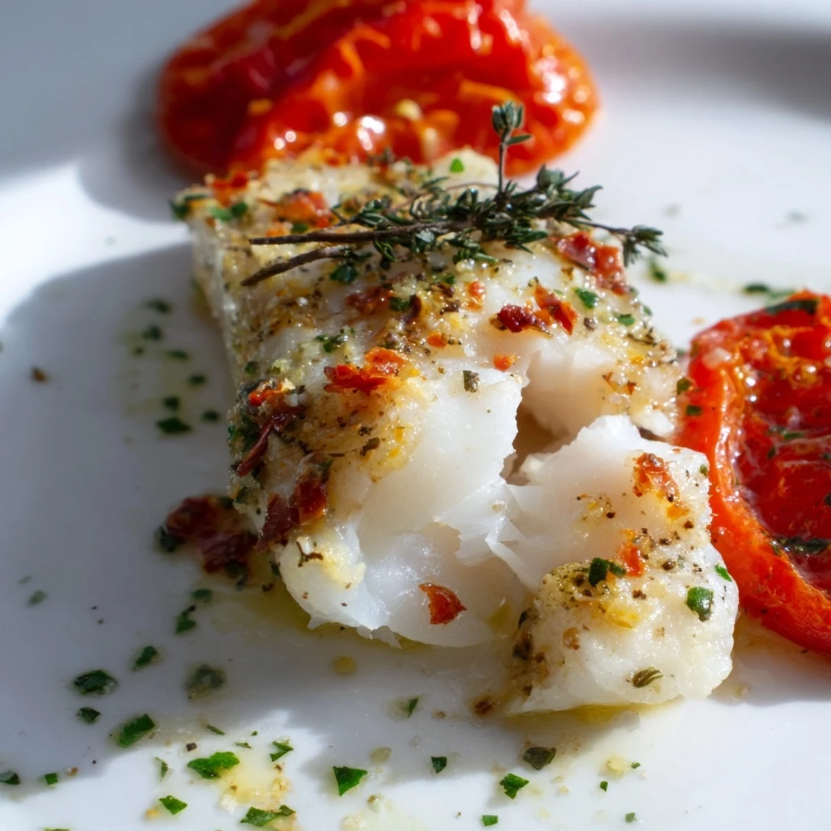 Flaky baked cod fillets rest beside colorful roasted bell peppers and zucchini on a baking sheet, infused with lemon and herbs.