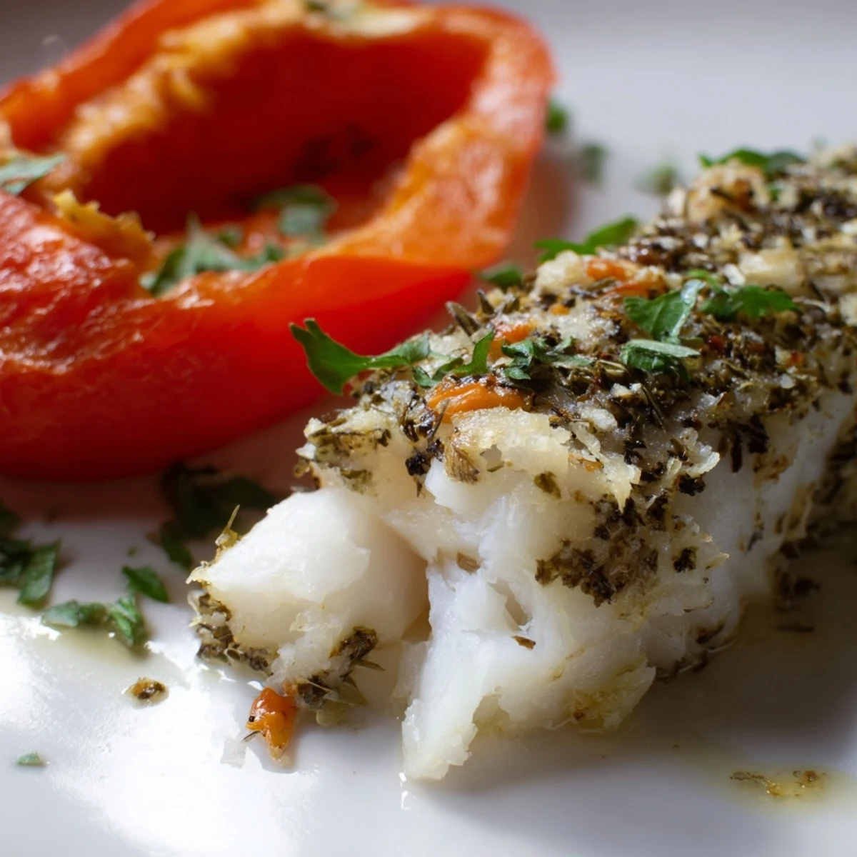 Juicy baked cod with roasted vegetables on a platter, showcasing tender fillets marinated in garlic and olive oil.
