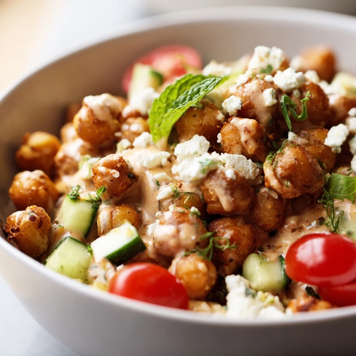 Vibrant Mediterranean Meal Bowl with herbed quinoa, crispy chickpeas, and fresh vegetables, drizzled with creamy lemon-tahini dressing.