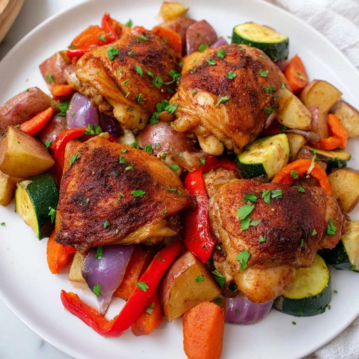 Golden roasted meal with crispy chicken thighs, red potatoes, carrots, and zucchini on a parchment-lined sheet pan.