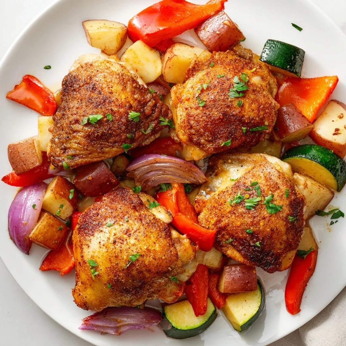 Family-style roasted meal featuring herb-crusted chicken thighs and colorful vegetables, garnished with fresh parsley and lemon wedges.