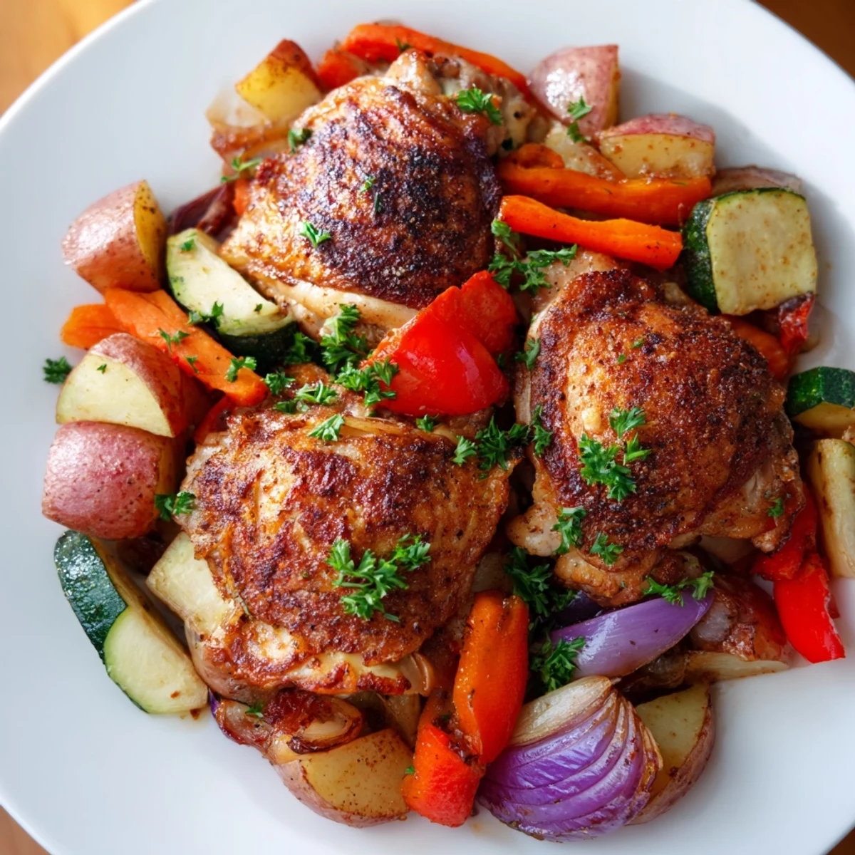 Sizzling hot roasted meal with caramelized onions and bell peppers, served straight from the oven for easy weeknight dinner.
