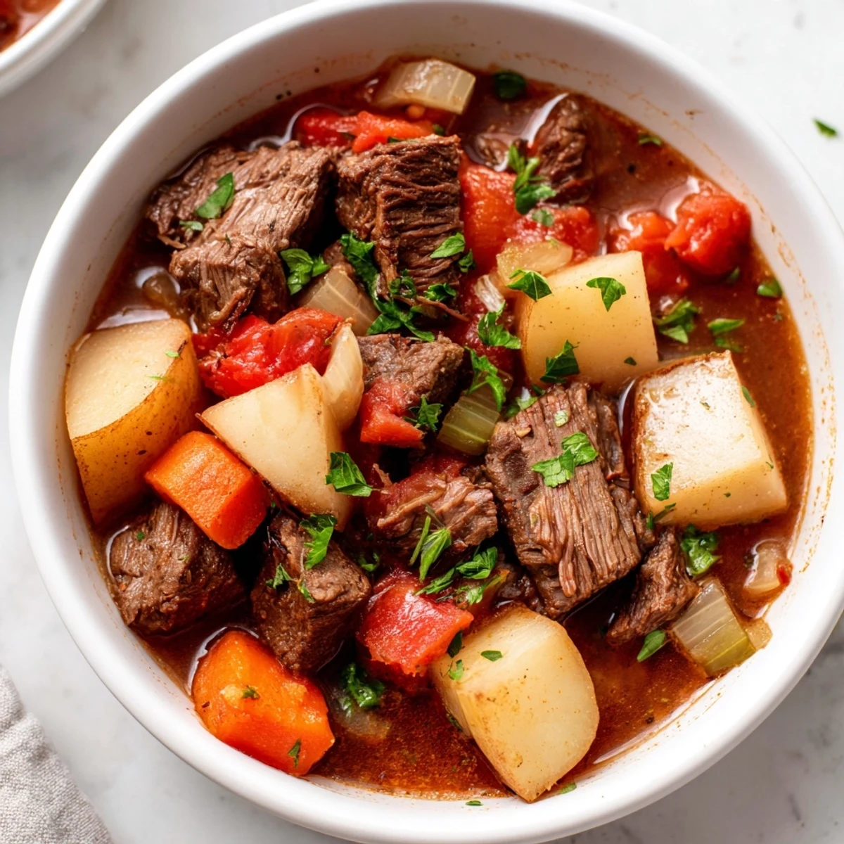 Slow Cooker Meal Pot with tender beef, carrots, and potatoes served steaming in a rustic bowl.