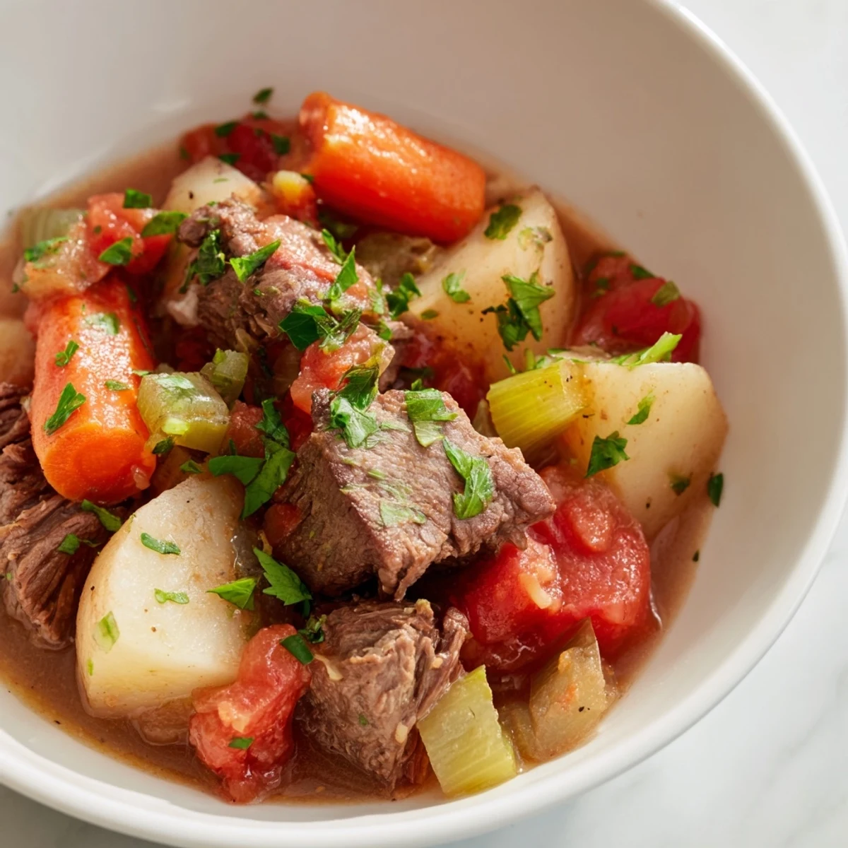 Savory Slow Cooker Meal Pot bubbling with hearty vegetables and herbs in a family-style crock.